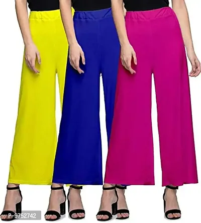 Fablab Women's Casual Wear Malai Lycra Pant Palazzo (Yellow, Blue, Pink; Free Size) - Combo Pack of 3