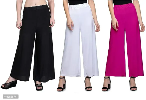 Fablab Women's Stretchy Malia Lycra Palazzo Pants (SynPlz3BWP,Black,White,Pink,Free Size) Pack of 3