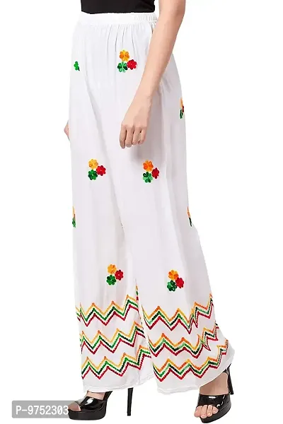 Fablab Women's Rayon Flower Embroidered/kadai Palazzo Trousers Pack of 1 (White,Waist Size 28 to 38 Inches)