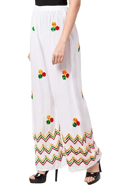 Fablab Women's Rayon Flower Embroidered/kadai Palazzo Trousers Pack of 1 (White,Waist Size 28 to 38 Inches)