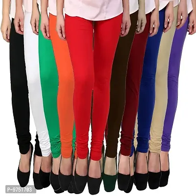 Fablab Women's Churidar Leggings, Cotton Lycra, Combo Pack of 10_(Freesize, Black,White,Green,Orange,Red,Brown,Maroon,Blue,Beige,Purple.)-thumb0