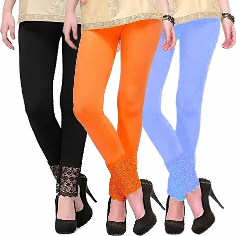 Fablab Women's Leggings with lace Inserts at Bottom(LACE-LEGGI-3-B,O,Sb, Black,Orange,SkyBlue, Fit to Waist Size BTW.26 inch to 32Inch)