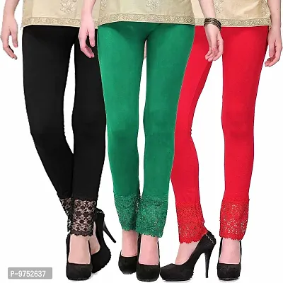 Fablab Bottom Lace Leggings for Women(LACE-LEGGI-3-B,Dg,R, Black,DarkGreen,Red, Fit to Waist Size BTW.26 inch to 32Inch)