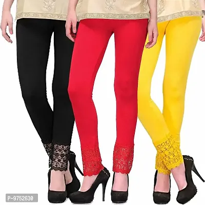 Fablab Women's Ankle Length Net Leggings with Bottom Lace(LACE-LEGGI-3-B,R,Y, Black,Red,Yellow, Fit to Waist Size BTW.26 inch to 32Inch)