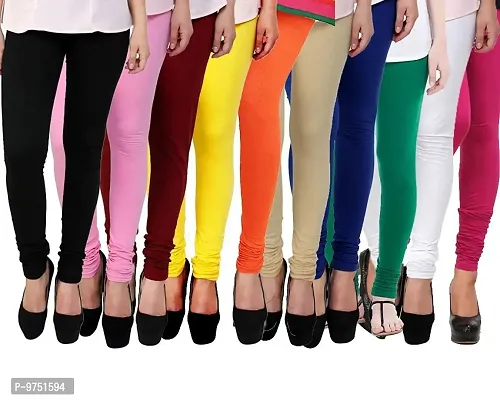 Fablab Women?s Cotton Lycra Churidar Leggings Combo Pack of-10-Fits to Waist Size-26inch-34inch (Free Size, Black,LightPink,Maroon,Yellow,Orange,Beige,Blue,DarkGreen,White,Pink).