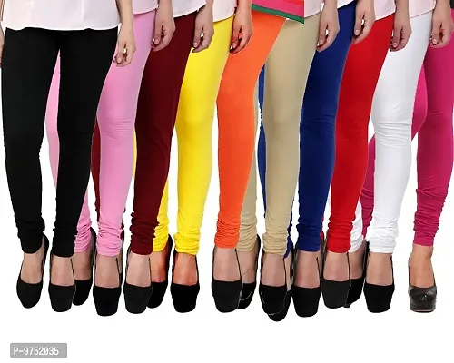 Fablab Women's Ladies/Girls/Cotton Lycra Churidar Leggings Combo Pack of 10 (Freesize,Black,BabyPink,Maroon,Yellow,Orange,Beige,Blue,Red,White,Pink).