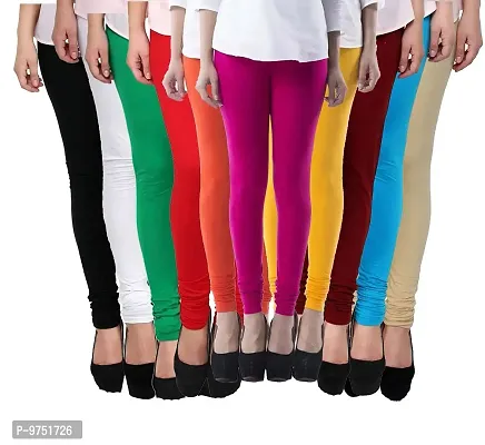 Fablab Women's Churidar Leggings, Cotton Lycra, Combo Pack of 10_(Freesize, Black,White,Green,Red,Orange,Pink,Yellow,Maroon,SkyBlue,Beige.)-thumb0