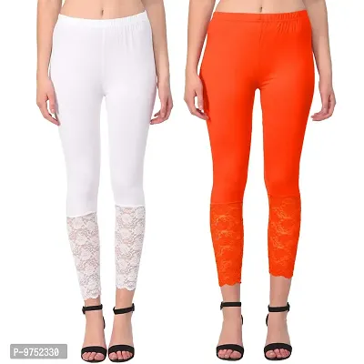 Fablab Women?s Cotton Premium Bottom lace Leggings with Net Combo Pack of 2 (LONG-LACE-LEGGI-2-WO, White,Orange,Freesize)