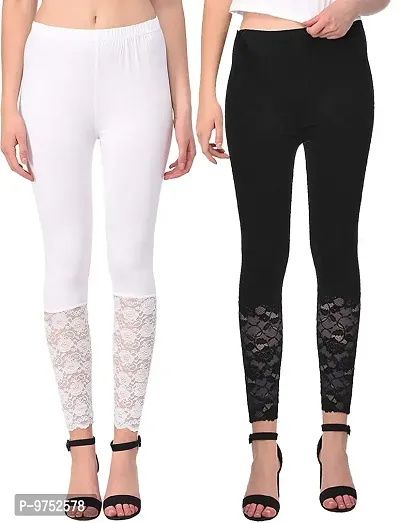 Fablab Women's Regular Fit Viscose, Lycra Leggings (LONG-LACE-LEGGI-2-WB_White, Black_Free Size)