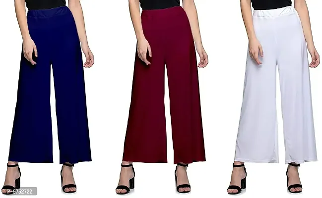 Fablab Women's Casual Wear Malai Lycra Pant Palazzo Combo Pack of 3 (SynPlz3NbMW, Navyblue, Maroon, White, Free Size)