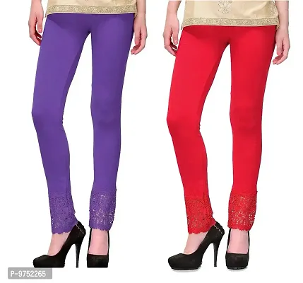 Fablab Women?s Ankle Length Bottom Lace Leggings Combo Pack of 2 (LACE-LEGGI-2-PuR,Purple,Red,Waist-26-34 Inch)