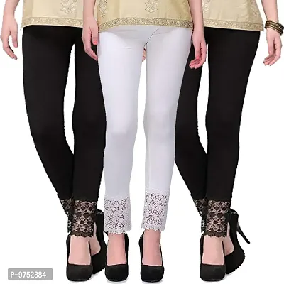 Fablab Women?s Viscose Lycra Leggings with Lace Bottom Combo Pack of 3 (LACELEGGI-3-BWB,Black,White,Black,Freesize)