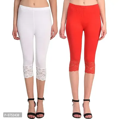 Fablab Women's Viscose Lycra Solid Calf Length Bottom Lace Capri Pack of 2 (Lace-Capri-2-WR;White,Red,for Waist Size 26 Inch to 34"")