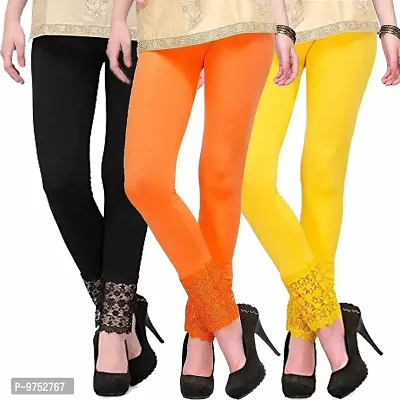 Fablab Women's Ankle Length Leggings with lace(LACE-LEGGI-3-B,O,Y, Black,Orange,Yellow, Fit to Waist Size BTW.26 inch to 32Inch)