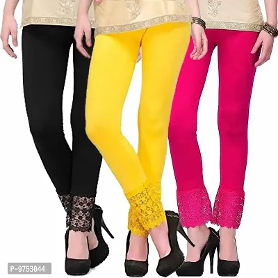 Fablab Ankle Length lace Leggings for Women Combo Pack of 3(LACE-LEGGI-3-B,Y,P, Black, Yellow,Pink, Fit to Waist Size BTW.26 inch to 32Inch)