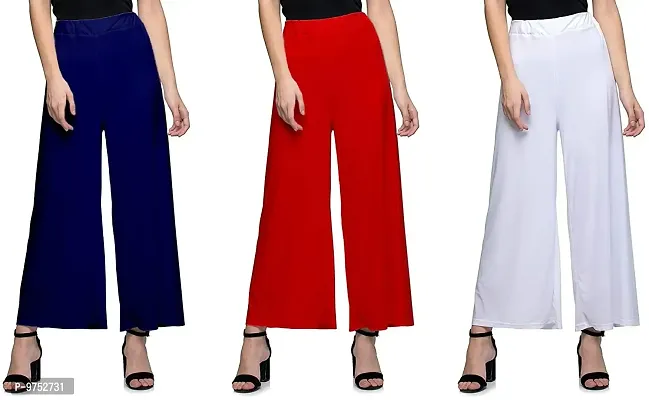 Fablab Women's Casual Wear Malai Lycra Pant Palazzo Combo Pack of 3( SynPlz3NbRW, Navyblue, Red, White, Free Size)
