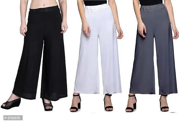 Fablab Women's Casual Wear Malai Lycra Pant Palazzo (SynPlz3BWGr, Black, White, Grey, Free Size) Combo Pack of 3