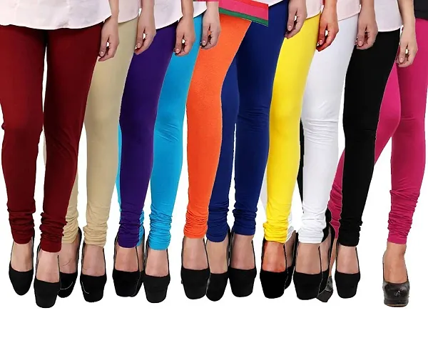 Fablab Women?s Lycra Churidar Leggings Combo Pack of-10-Fits to Waist Size-26inch-34inch (Free Size, Yellow,Maroon,Lightpink,SkyBlue,Orange,Blue,Beige,White,Black,Pink).