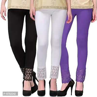 Fablab Women?s Viscose Lycra Slim fit Bottom Lace Leggings Combo Pack of 3 (LACELEGGI-3-BWPu,Black,White,Purple,Freesize)