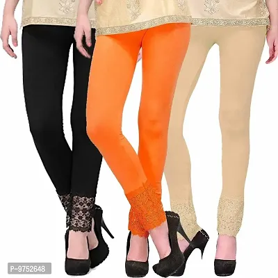 Fablab Leggings with Lace Bottom for Women(LACE-LEGGI-3-B,O,Be, Black,Orange,Beige, Fit to Waist Size BTW.26 inch to 32Inch)