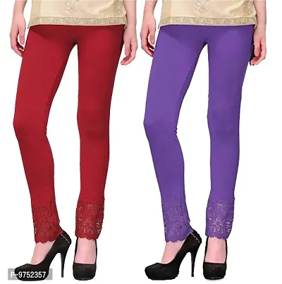 Fablab Women?s Viscose Lycra Slim fit Bottom Lace Leggings Combo Pack of 2 (LACE-LEGGI-2-MPu,Maroon,Purple,Waist-26-34 Inch)