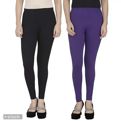 Fablab Women's Ankle Length Leggings Combo Pack of 2 (ALL-2-Black,Purple,Fit to Waist Size BTW.28 inch to 34 inch)-thumb0