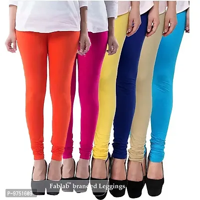 Fablab Women's Cotton Lycra Leggings_Free Size_Combo Pack of 6_Orange,Pink,Yellow,Blue,BEGIE,SkyBlue.