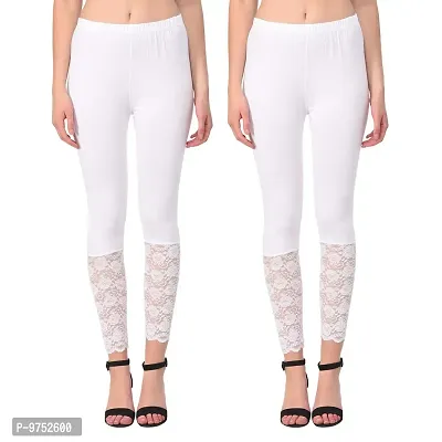 Fablab Women?s Cotton Lycra Premium Leggings with lace Bottom Combo Pack of 2 (LONG-LACE-LEGGI-2-WW, White,White,Freesize)
