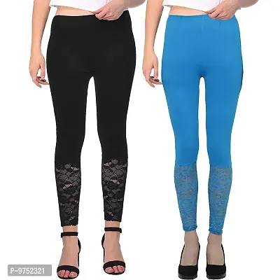 Fablab Women?s Cotton Premium Bottom lace Leggings with Net Combo Pack of 2 (LONG-LACE-LEGGI-2-BSb, Black,SkyBlue,Freesize)