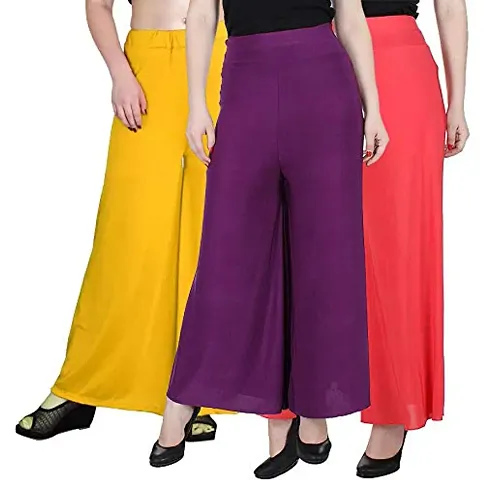 Fablab Women's Casual Wear Synthetic Lycra Palazzo Fits to Waist Size 26''to 34 inch Combo Pack of-3.