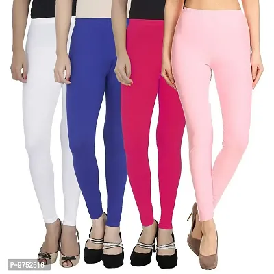 Fablab Women?s Cotton Lycra Stretchable Ankle Length Leggings Combo Pack of 4(ALL-4-W+Bl+P+Lp,White+Blue+Pink+Lightpink,Fit to Waist 28Inch to 34Inch)-thumb0