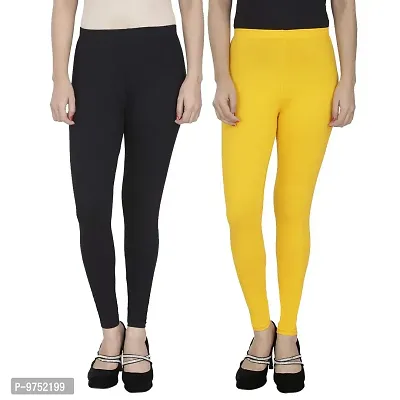 Fablab Women's Ankle Length Leggings Combo Pack of 2 (ALL-2-Black,Yellow,Fit to Waist Size BTW.28 inch to 34 inch)