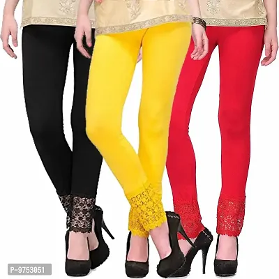 Fablab Ankle Length Leggings with Lace Bottom for Women Combo Pack of 3(LACE-LEGGI-3-B,Y,R, Black, Yellow,Red, Fit to Waist Size BTW.26 inch to 32Inch)