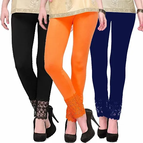 Fablab Lace Leggings for Women(LACE-LEGGI-3-B,O,Nb, Black,Orange,Navyblue, Fit to Waist Size BTW.26 inch to 32Inch)