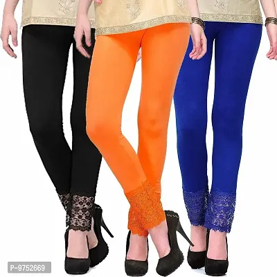 Fablab Ankle Length Leggings with Lace Bottom for Women(LACE-LEGGI-3-B,O,Bl, Black,Orange,Blue, Fit to Waist Size BTW.26 inch to 32Inch)