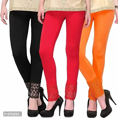 Fablab Net Lace Bottom Leggings for Women(LACE-LEGGI-3-B,R,O, Black,Red,Orange, Fit to Waist Size BTW.26 inch to 32Inch)