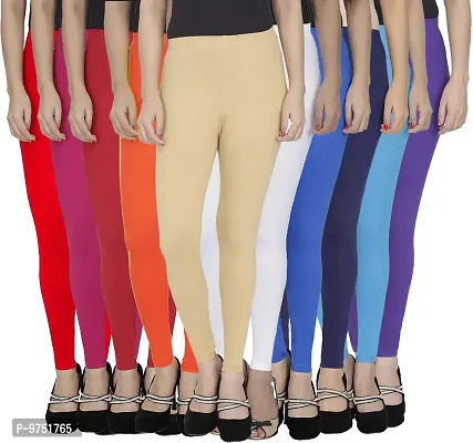 Fablab Ankle Length Leggings for Women_Girl_Ladies_Cotton Lycra (ALLCLS-160-10-18RPOMBeWBlNbSbPu,Free Size,RedPinkOrangeMaroonBeigeWhiteBlueNevyblueSkybluePurple.) Combo Pack of 10.
