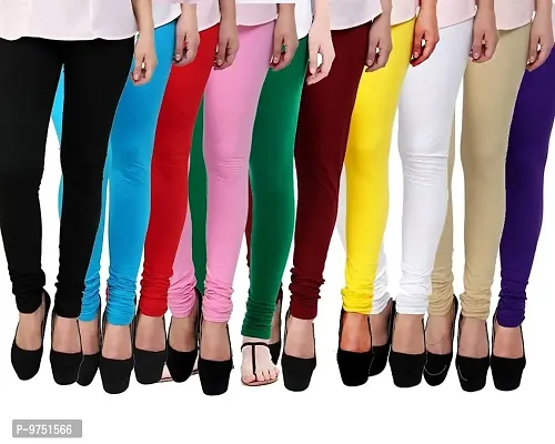 Fablab Women?s Cotton Lycra Churidar Leggings Combo Pack of-10-Fits to Waist Size-26inch-34inch (Free Size, Black,SkyBlue,Red,Lightpink,DarkGreen,Maroon,Yellow,White,Beige,Blue).-thumb0