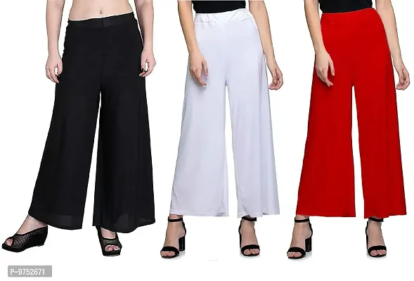 Fablab Women's Malai Lycra Casual Wear Comfortable Fit Pant Palazzo (Black, White, Red; Free Size) - Combo Pack of 3-thumb0