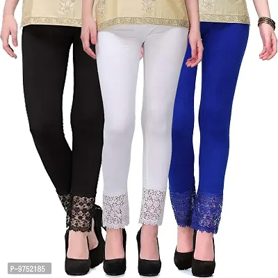 Fablab Women?s Viscose Lycra Slim-fit Leggings with Lace Bottom Combo Pack of 3 (LACELEGGI-3-BWBl,Black,White,Blue,Freesize)