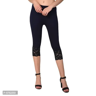 Fablab Women's Viscose Lycra Solid Calf Length Bottom Lace Capri Pack of 1 (LACE-CAPRI-1-NAVYBLUE; for Waist Size 26 Inch to 34"")