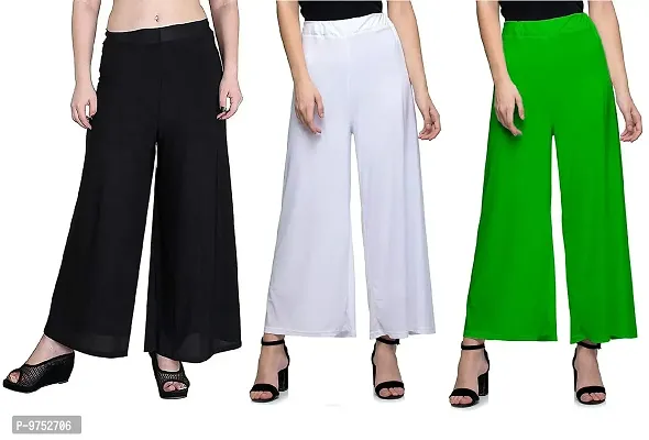 Fablab Women's Synthetic Palazzo for Bottom Wear (SynPlz3BWG, Black, White, Green, Free Size) Combo Pack of 3