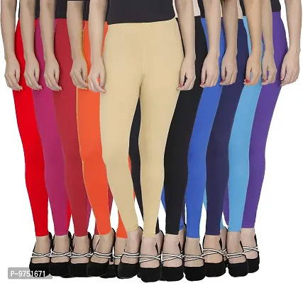 Fablab Ankle Length Leggings for Women_Girl_Ladies_Cotton Lycra (ALLCLS-160-10-17RPOMBeBBlNbSbPu,Free Size,RedPinkOrangeMaroonBeigeBlackBlueNevyblueSkybluePurple.) Combo Pack of 10.