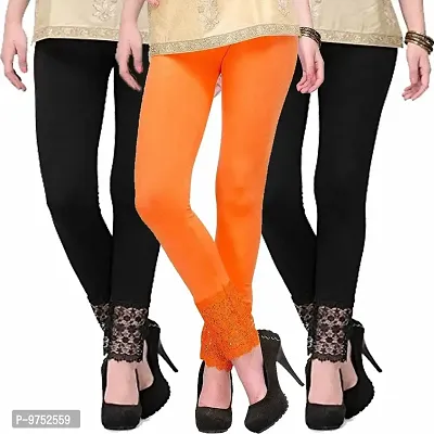 Fablab Ankle Length lace Leggings for Women(LACE-LEGGI-3-B,O,B, Black,Orange,Black, Fit to Waist Size BTW.26 inch to 32Inch)