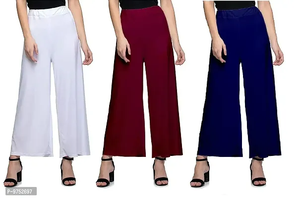 Fablab Women's Casual Wear Malai Lycra Pant Palazzo Combo Pack of 3 (SynPlz3WMNb, White, Maroon, Navyblue, Free Size)