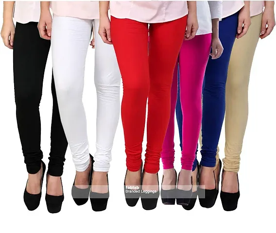 Fablab Women's Lycra Leggings_Free Size_Combo Pack of 6_Black,White,Red,Pink,Blue,Beige.