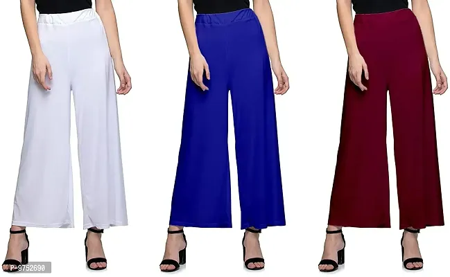 Fablab Women's Casual Wear Malai Lycra Pant Palazzo Combo Pack of 3 (SynPlz3WBlM, White, Blue, Maroon, Free Size)