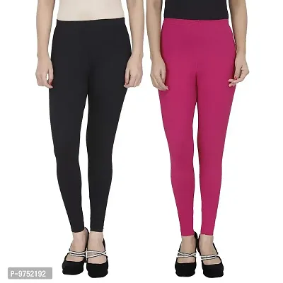 Fablab Women's Ankle Length Leggings Combo Pack of 2 (ALL-2-Black,Pink,Fit to Waist Size BTW.28 inch to 34 inch)