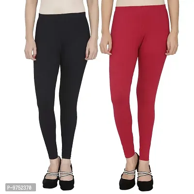 Fablab Women's Ankle Length Leggings Combo Pack of 2 (ALL-2-Black,Maroon,Fit to Waist Size BTW.28 inch to 34 inch)