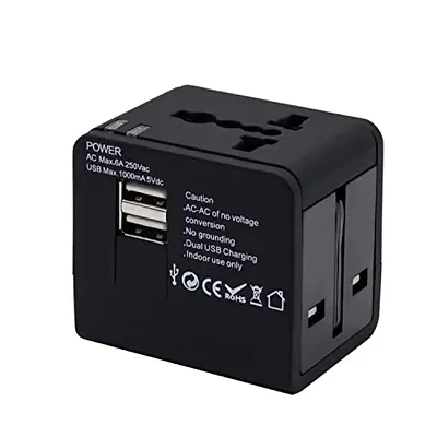 EYUVAA LABEL International Travel Adapter with Dual USB Charger Ports Worldwide Charger Power Plug for Mobile Phone, Laptop, Camera & Tablet Travelers to The US, Europe, UK & More (Black)